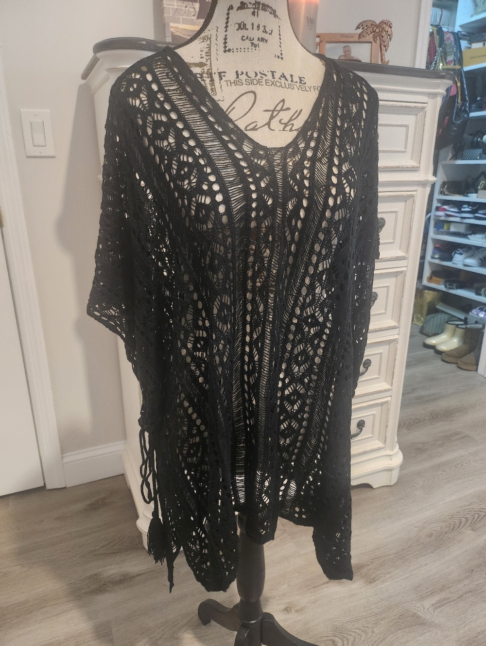 Black Crochet Open-Knit Fringe Kimono Cover-Up NWOT